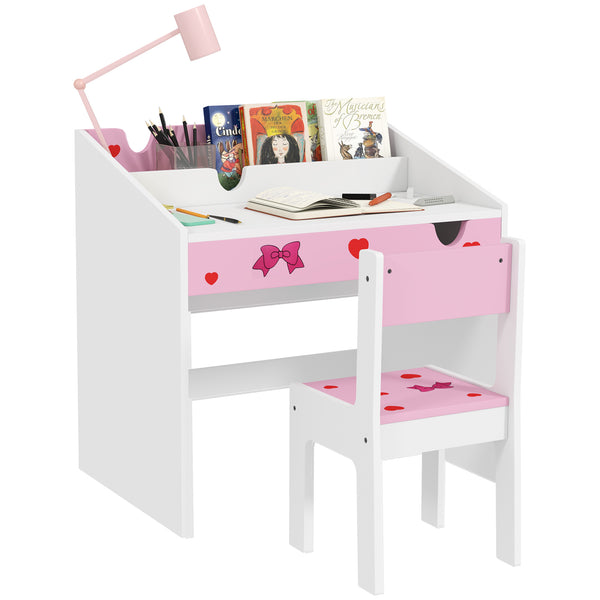 AIYAPLAY Conjunto de Secretária e Cadeira para Crianças acima de 3 Anos Secretária Infantil com Gaveta Amovível e Compartimento para Dormitório Sala de Jogos Rosa e Branco