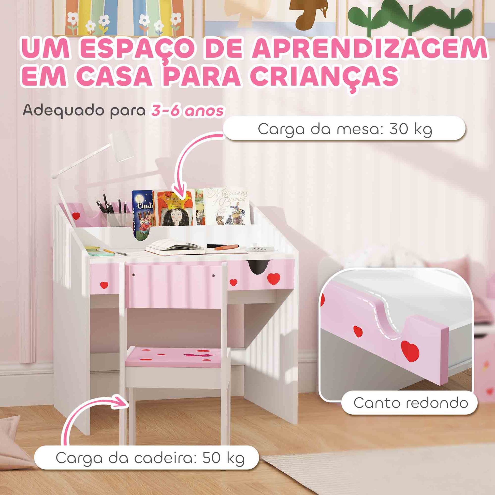 AIYAPLAY Conjunto de Secretária e Cadeira para Crianças acima de 3 Anos Secretária Infantil com Gaveta Amovível e Compartimento para Dormitório Sala de Jogos Rosa e Branco