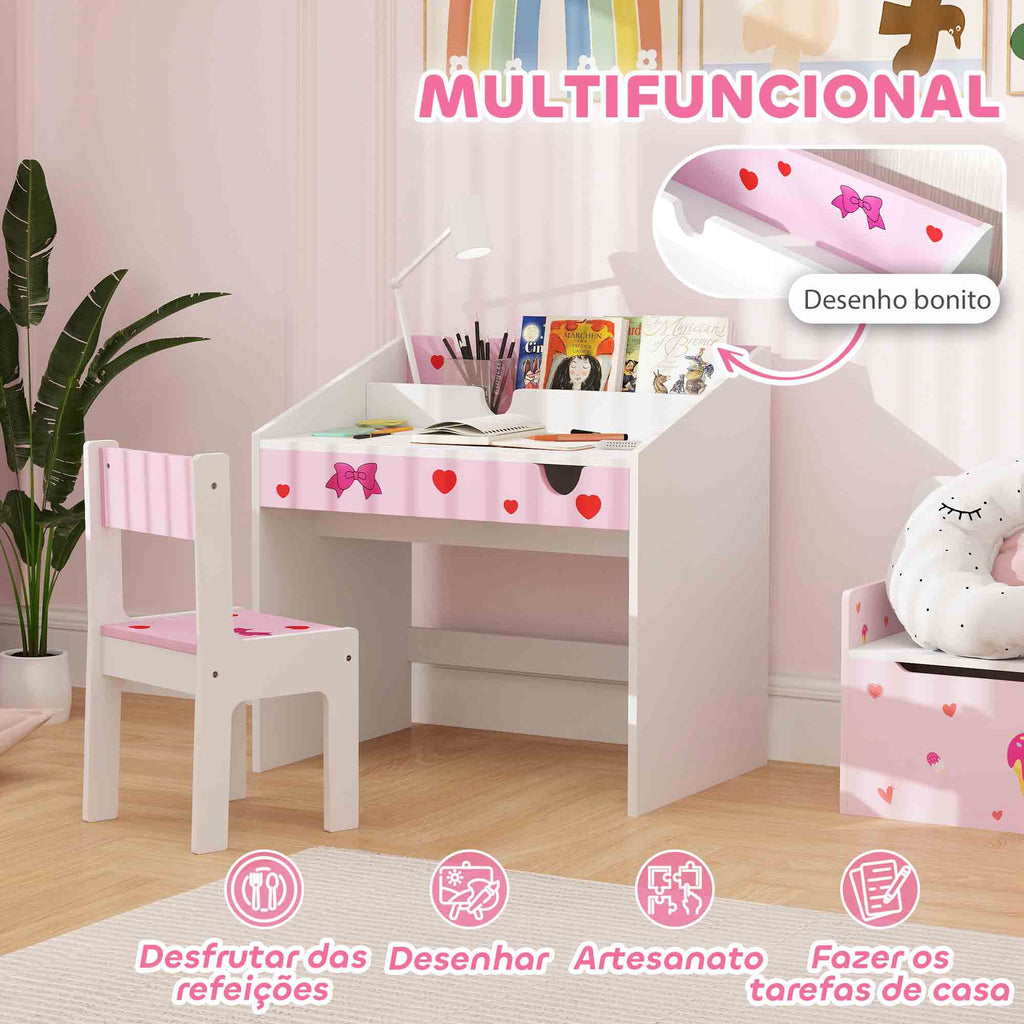 AIYAPLAY Conjunto de Secretária e Cadeira para Crianças acima de 3 Anos Secretária Infantil com Gaveta Amovível e Compartimento para Dormitório Sala de Jogos Rosa e Branco
