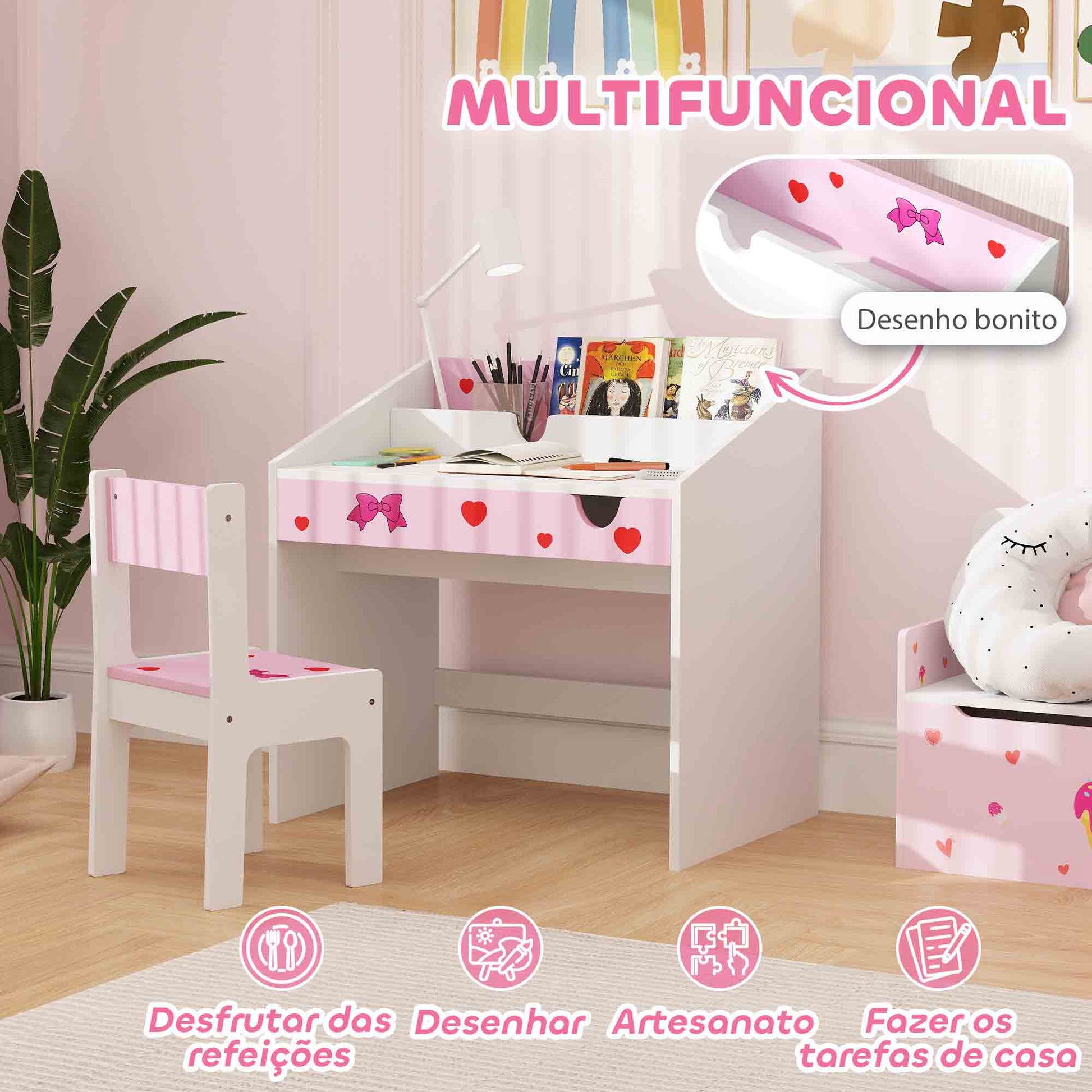 AIYAPLAY Conjunto de Secretária e Cadeira para Crianças acima de 3 Anos Secretária Infantil com Gaveta Amovível e Compartimento para Dormitório Sala de Jogos Rosa e Branco