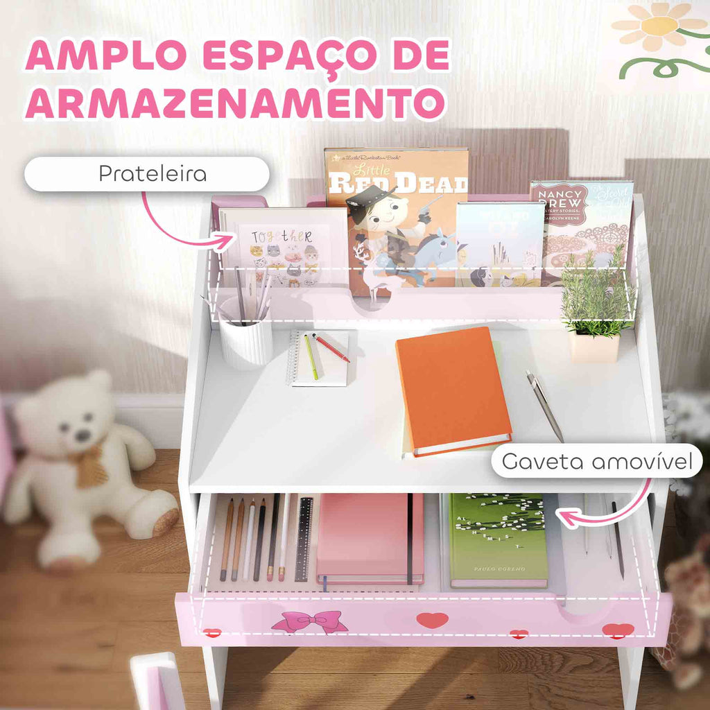 AIYAPLAY Conjunto de Secretária e Cadeira para Crianças acima de 3 Anos Secretária Infantil com Gaveta Amovível e Compartimento para Dormitório Sala de Jogos Rosa e Branco