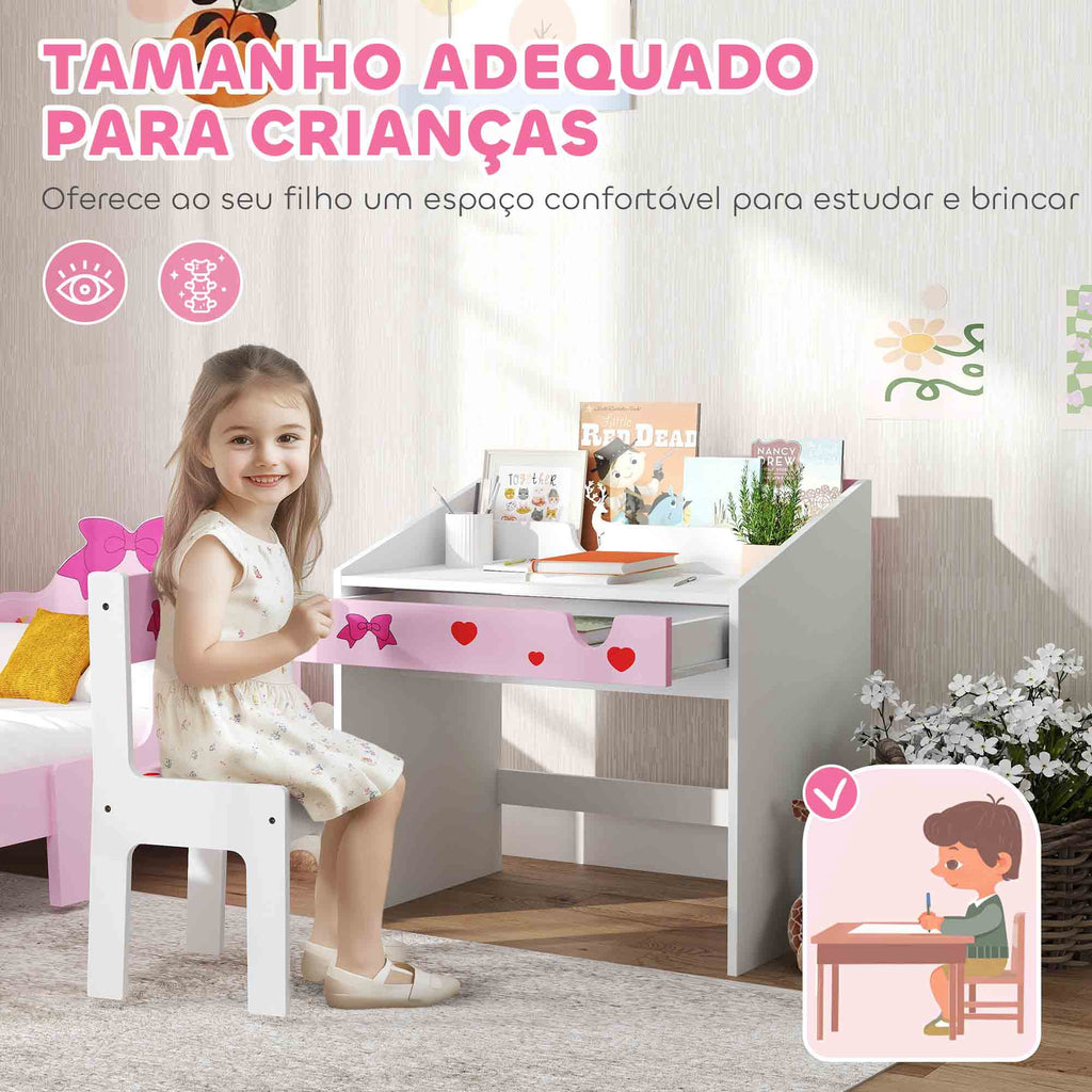 AIYAPLAY Conjunto de Secretária e Cadeira para Crianças acima de 3 Anos Secretária Infantil com Gaveta Amovível e Compartimento para Dormitório Sala de Jogos Rosa e Branco