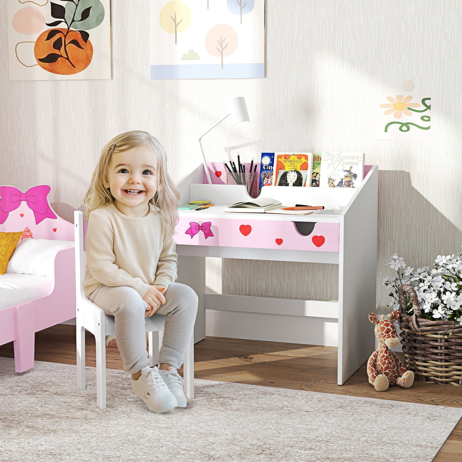 AIYAPLAY Conjunto de Secretária e Cadeira para Crianças acima de 3 Anos Secretária Infantil com Gaveta Amovível e Compartimento para Dormitório Sala de Jogos Rosa e Branco