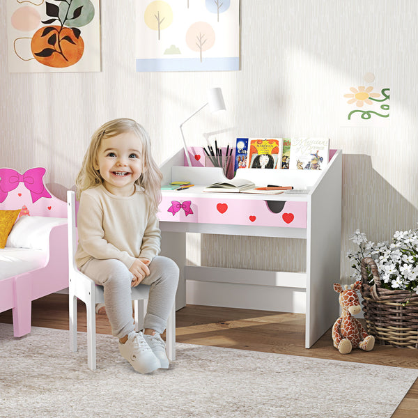 AIYAPLAY Conjunto de Secretária e Cadeira para Crianças acima de 3 Anos Secretária Infantil com Gaveta Amovível e Compartimento para Dormitório Sala de Jogos Rosa e Branco