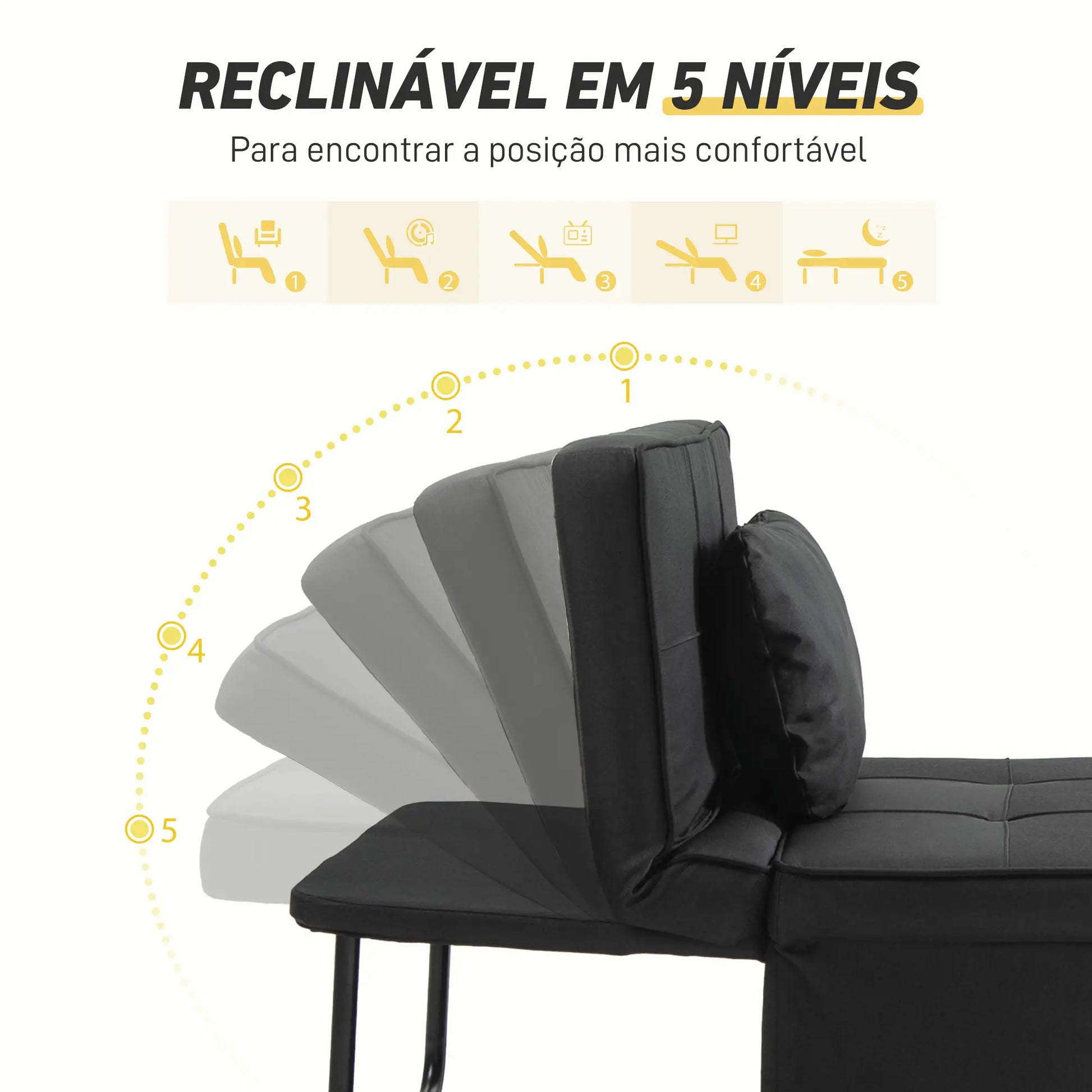 Sofá Cama Individual 3 em 1 Estofado em Linho Sofá Reclinável em 5 Posições com Apoio para os Pés e Apoio para a Cabeça para Sala de Estar Carga Máxima 200kg 95x189x43 cm Preto