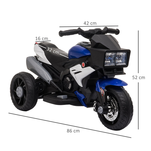 Motocicleta Elétrica Infantil com 3 Rodas para Crianças acima de 3 anos Triciclo com Pedal para Crianças Bateria 6V com Luzes Música Pneus Largos 86x42x52cm Azul
