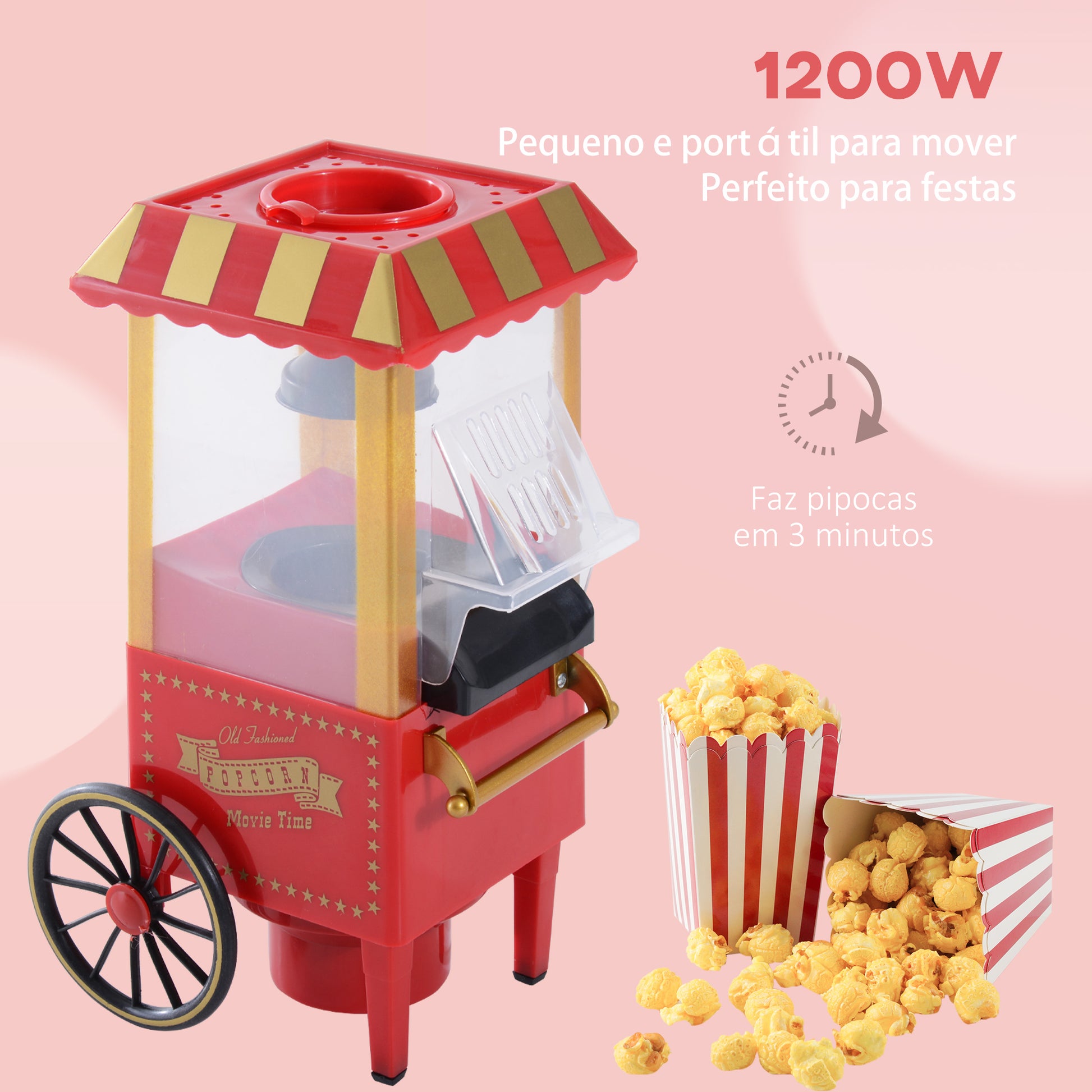 Máquina de Pipocas Máquina de Fazer Pipocas Estilo Vintage Portátil 1200W 22x19239cm Vermelha