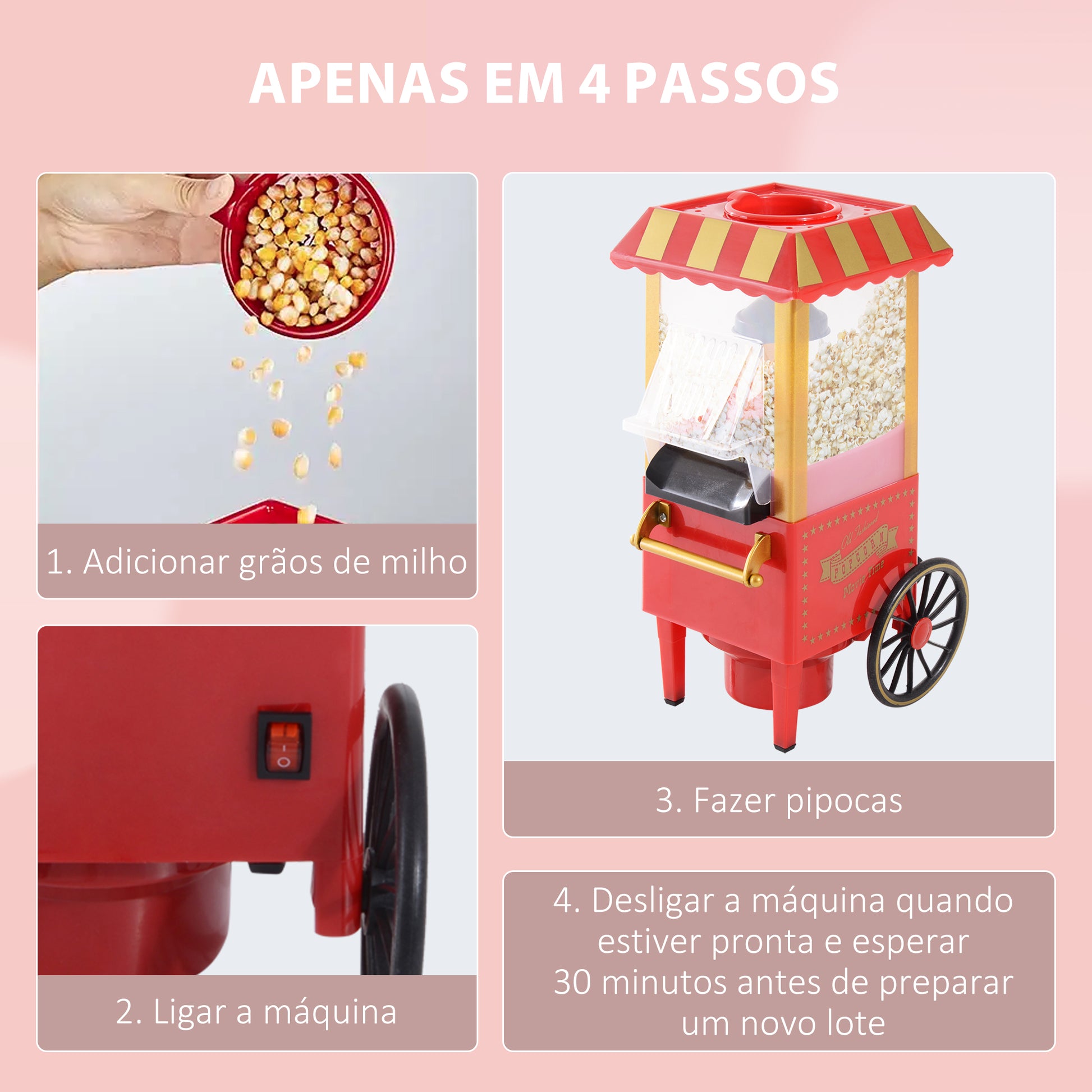Máquina de Pipocas Máquina de Fazer Pipocas Estilo Vintage Portátil 1200W 22x19239cm Vermelha