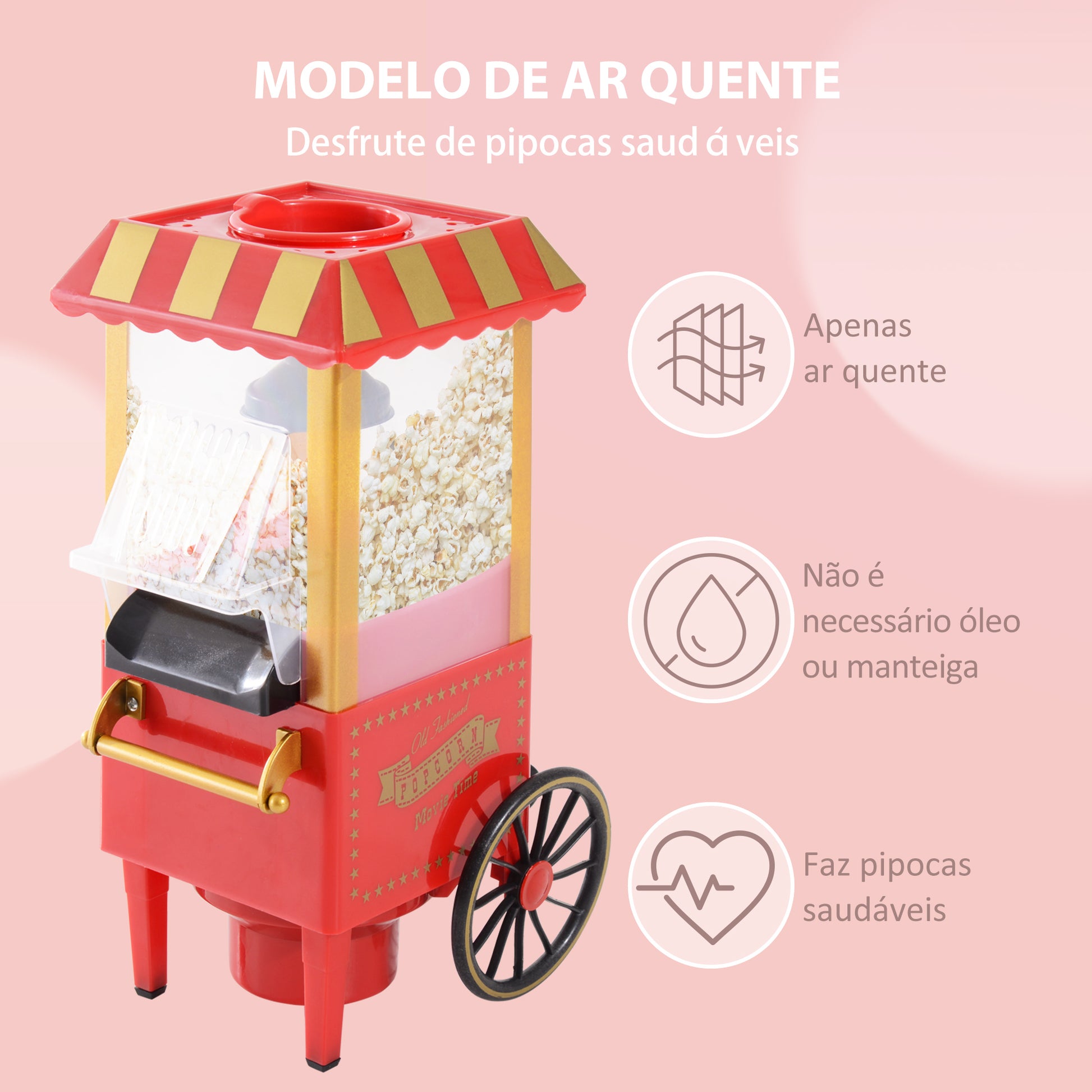 Máquina de Pipocas Máquina de Fazer Pipocas Estilo Vintage Portátil 1200W 22x19239cm Vermelha
