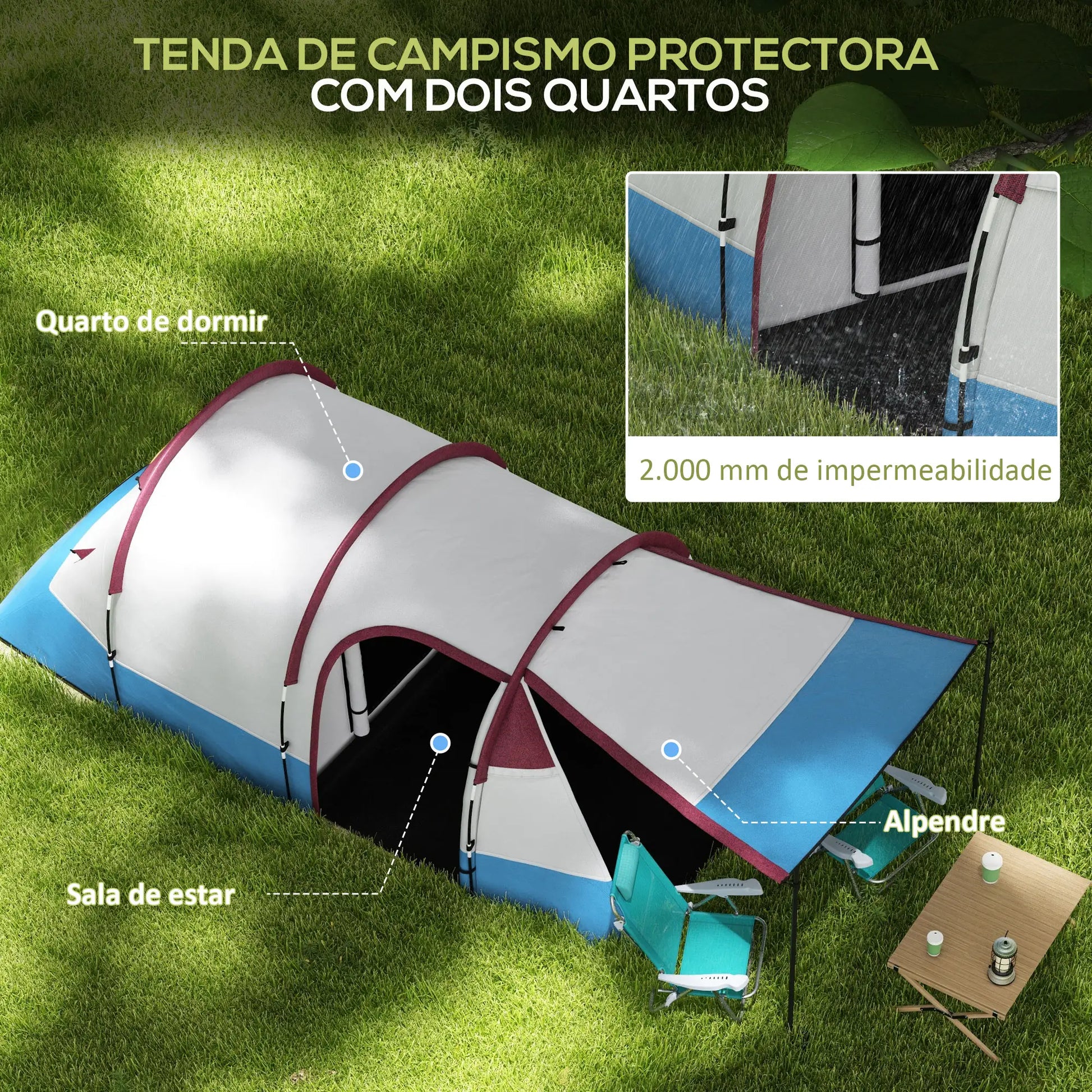 Tenda de Campismo Familiar para 2-3 Pessoas Tenda de Campismo Dobrável com 2 Áreas e Bolsa de Transporte Impermeável para Trekking 420x200x150 cm Multicolor