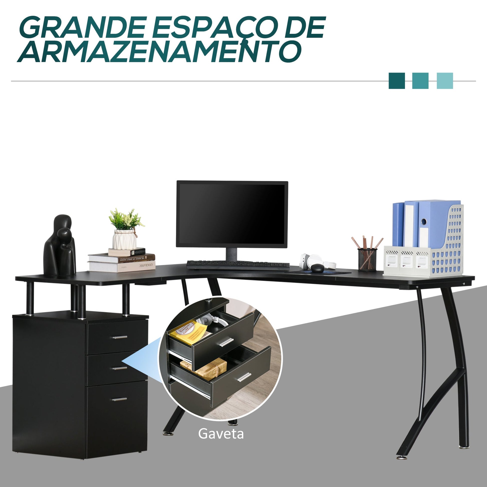 Secretária de Canto para Computador Mesa em Formato de L com 3 Gavetas Mesa Moderna para Escritório 143,5x143,5x76cm Preto