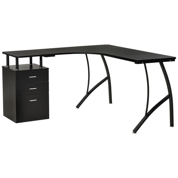 Secretária de Canto para Computador Mesa em Formato de L com 3 Gavetas Mesa Moderna para Escritório 143,5x143,5x76cm Preto