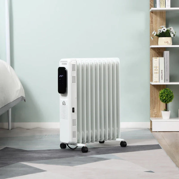 Aquecedor a Óleo 2290/2720W com 3 Modos de Aquecimento Tela LED Controle Tátil Termostato Temporizador 24H e Rodas Baixo Consumo para 20m² 50,5x24x63cm Branco