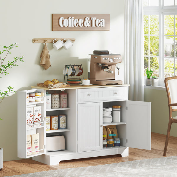 Aparador de Cozinha Armário de Cozinha com Prateleiras Gaveta Portas Magnéticas Prateleiras Ajustáveis Aparador para Sala de Jantar 105x40x83 cm Branco e Madeira