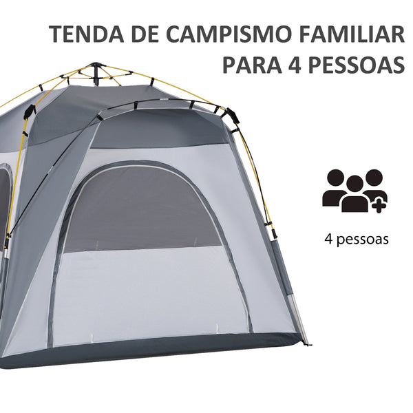 Tenda de Campismo para 2 Pessoas Tenda de Campismo Pop UP com 4 Janelas 2 Bolsos de Armazenamento e Bolsa de Transporte 240x240x199 cm Cinza