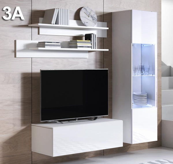 Conjunto de Móveis de Sala Bordeira – 1,6 m – Modular em Branco com Móvel TV, Vitrine e Estantes – Design Moderno