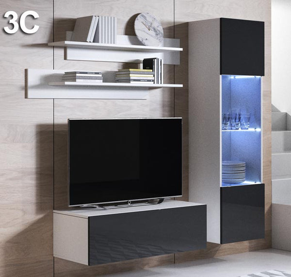 Conjunto de Móveis de Sala Fontelas – 1,6 m – Modular em Branco e Preto com Móvel TV, Vitrine e Estantes – Design Moderno