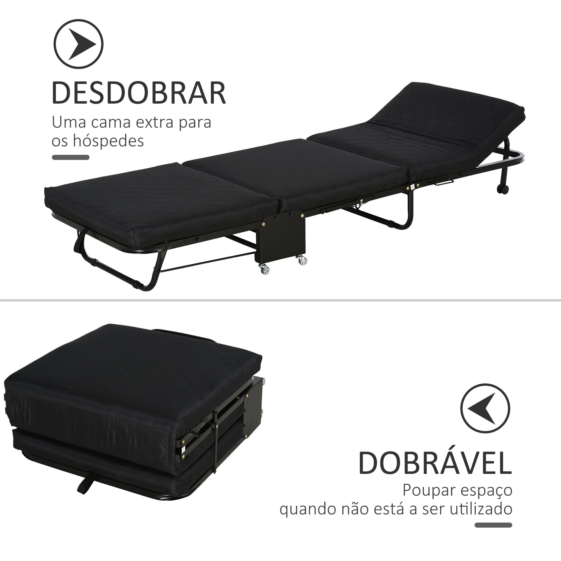 Cama Dobrável 184x65 cm Cama Dobrável Ajustável em 5 Níveis Rodas Universáis e Estrutura de Metal Carga Máxima 120 kg Preto