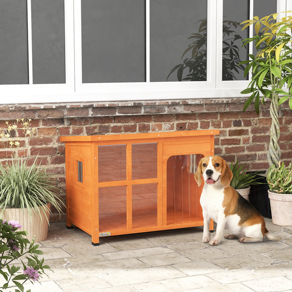PawHut Casa para Cães de Exterior Casota para Cães Pequenos Médios com Teto Asfáltico 2 Janelas Porta com Cortina Transparente e Base Amovível 90x62x71 cm Madeira