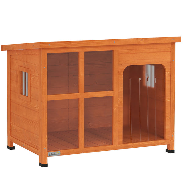 PawHut Casa para Cães de Exterior Casota para Cães Pequenos Médios com Teto Asfáltico 2 Janelas Porta com Cortina Transparente e Base Amovível 90x62x71 cm Madeira