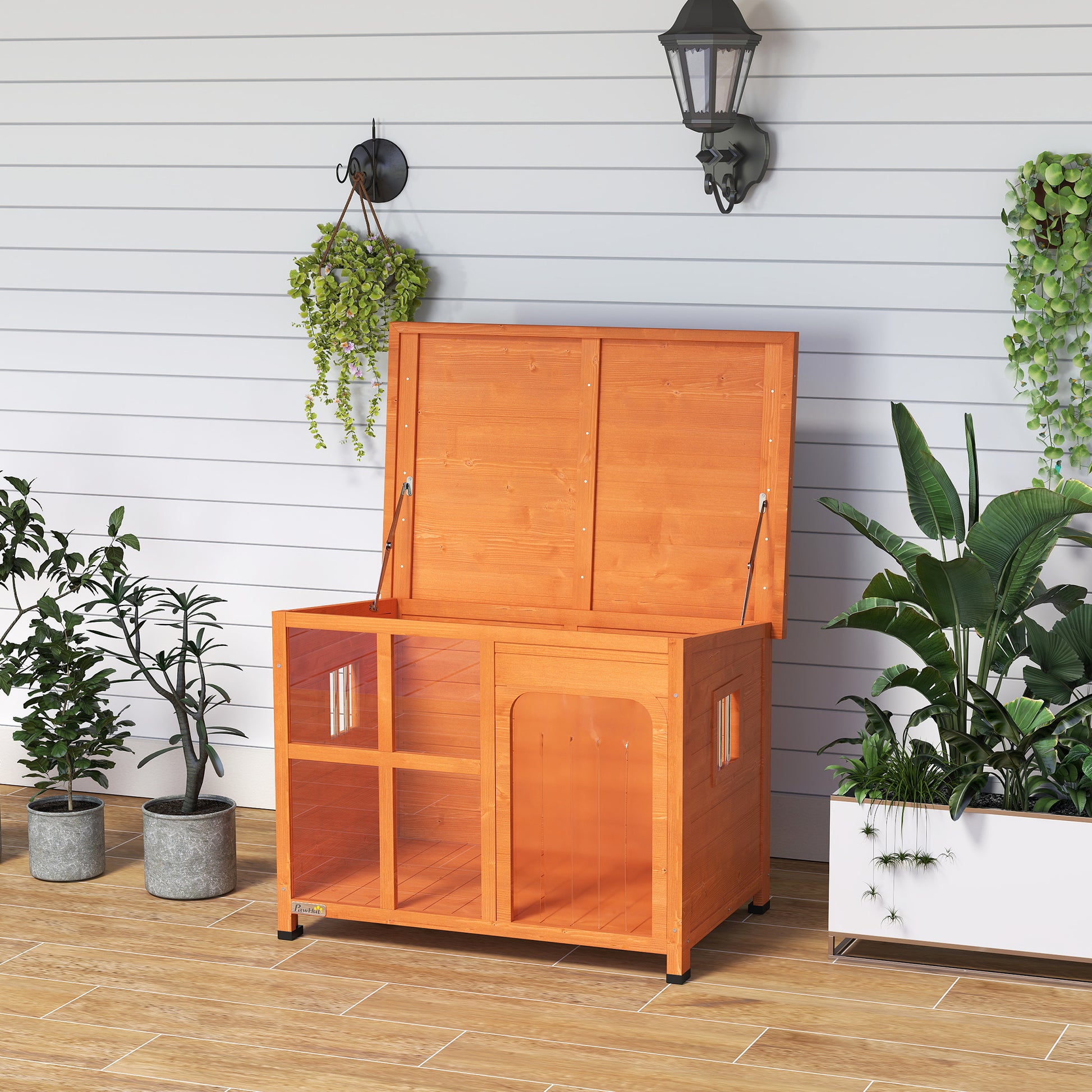 PawHut Casa para Cães de Exterior Casota para Cães Pequenos Médios com Teto Asfáltico 2 Janelas Porta com Cortina Transparente e Base Amovível 90x62x71 cm Madeira