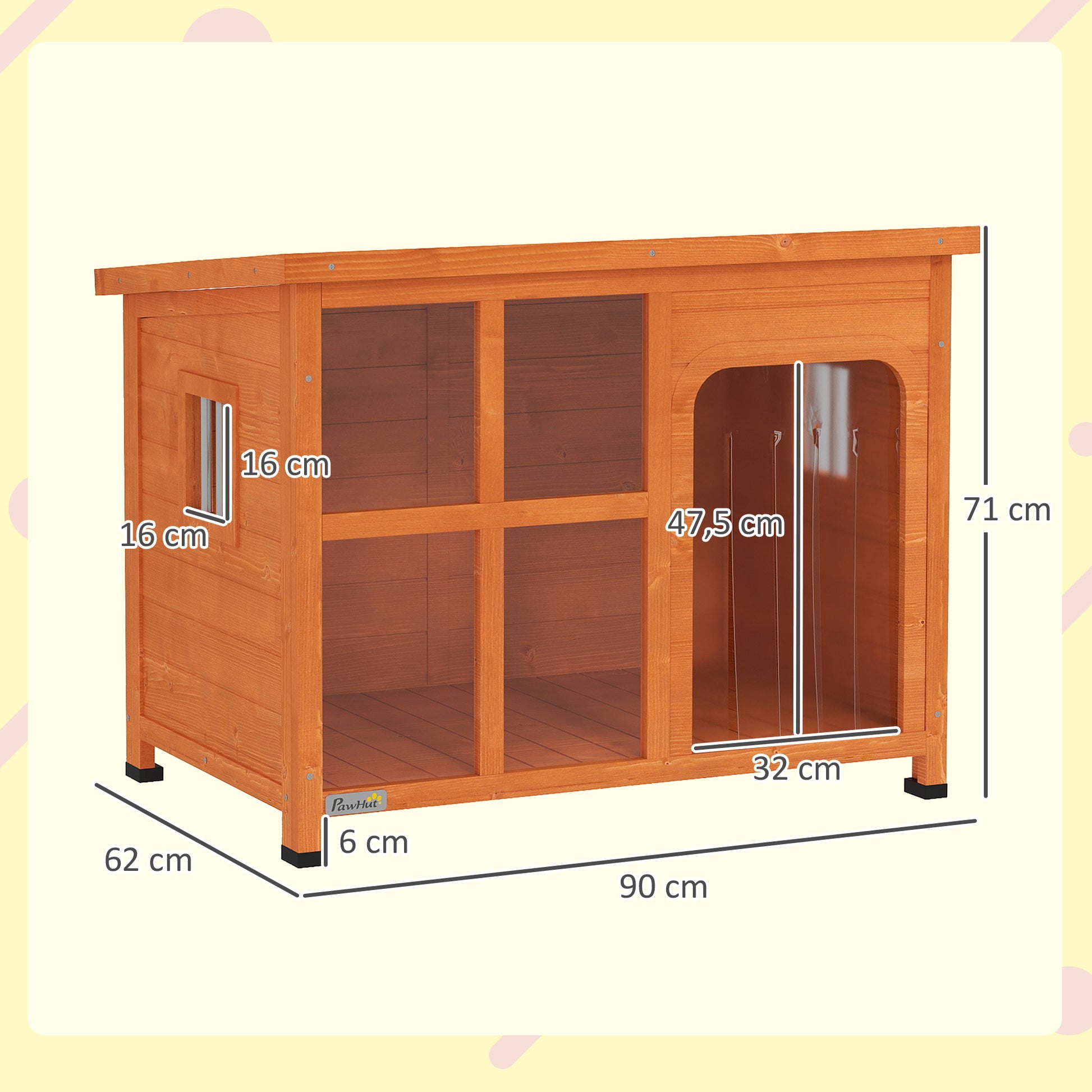 PawHut Casa para Cães de Exterior Casota para Cães Pequenos Médios com Teto Asfáltico 2 Janelas Porta com Cortina Transparente e Base Amovível 90x62x71 cm Madeira