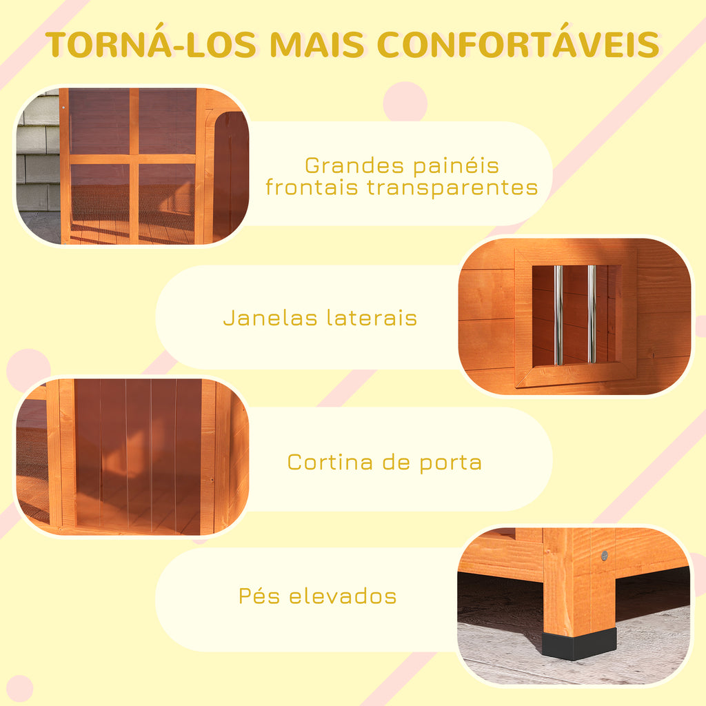 PawHut Casa para Cães de Exterior Casota para Cães Pequenos Médios com Teto Asfáltico 2 Janelas Porta com Cortina Transparente e Base Amovível 90x62x71 cm Madeira