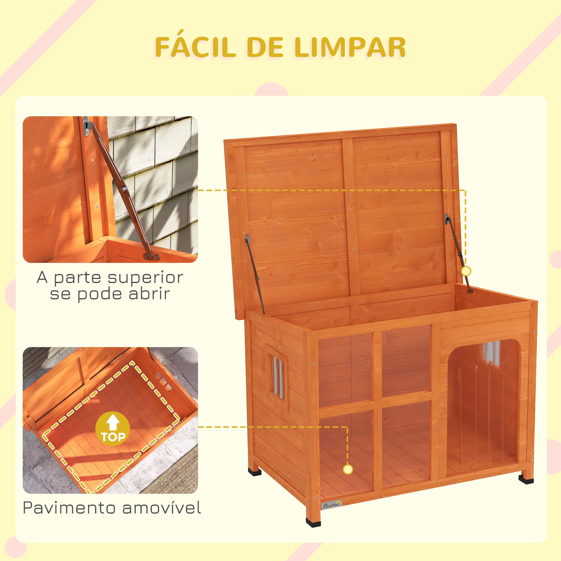 PawHut Casa para Cães de Exterior Casota para Cães Pequenos Médios com Teto Asfáltico 2 Janelas Porta com Cortina Transparente e Base Amovível 90x62x71 cm Madeira