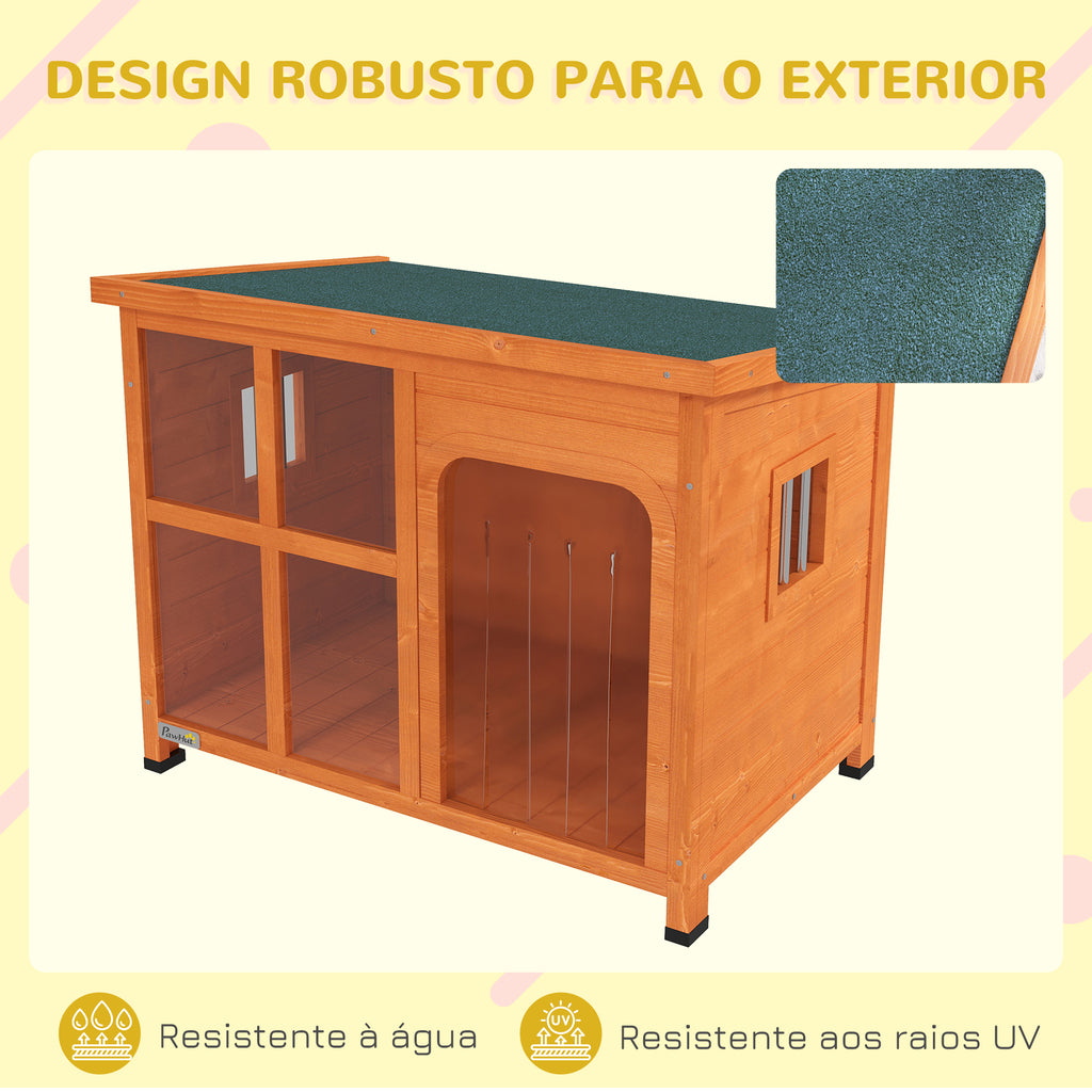 PawHut Casa para Cães de Exterior Casota para Cães Pequenos Médios com Teto Asfáltico 2 Janelas Porta com Cortina Transparente e Base Amovível 90x62x71 cm Madeira