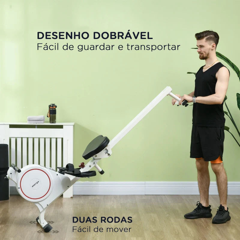 SPORTNOW Máquina de Remo Magnético Máquina de Remo Dobrável com Resistência de 8 Níveis Ecrã LCD e 2 Rodas de Transporte para Ginásio Carga Máxima 130 kg 180x48x60 cm Branco