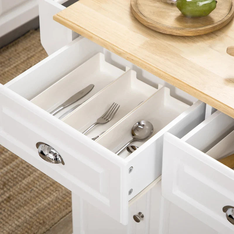Carrinho de Cozinha Ilha de Cozinha com Rodas Móvel Multifuncional com 2 Gavetas 3 Armários Suporte para Panos e para Temperos para Sala de Jantar 110x45x89cm Branco