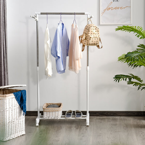 Charriot com Altura Ajustável Cabide com Rodas Portátil Prateleira Inferior Aço 68,5x42x87-145cm Branco e Prata