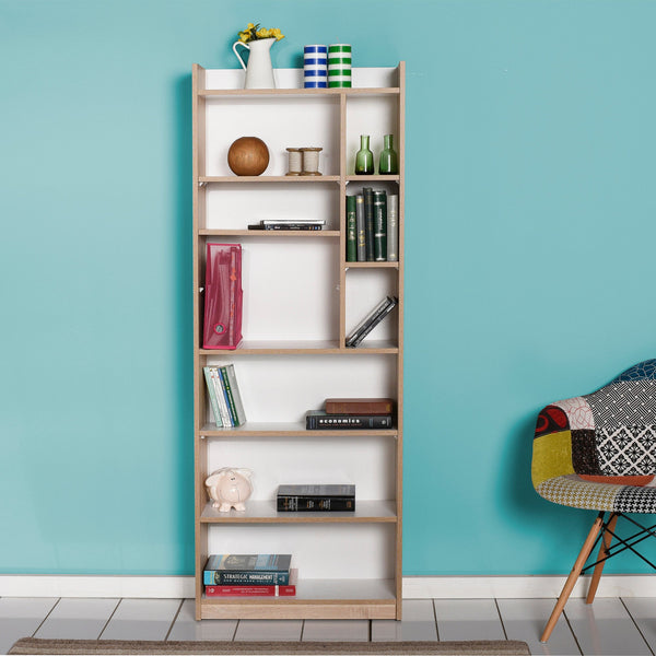Estante Liva — 63x26x176 cm — Design Moderno em Carvalho Sonomo e Branco com Prateleiras Abertas e Fixação à Parede