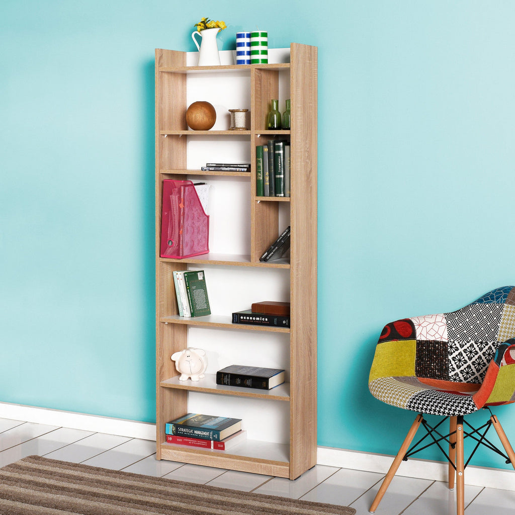 Estante Liva — 63x26x176 cm — Design Moderno em Carvalho Sonomo e Branco com Prateleiras Abertas e Fixação à Parede