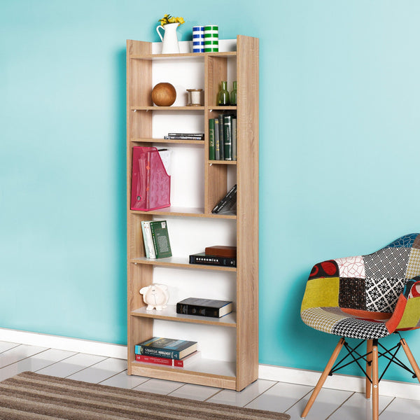 Estante Liva — 63x26x176 cm — Design Moderno em Carvalho Sonomo e Branco com Prateleiras Abertas e Fixação à Parede