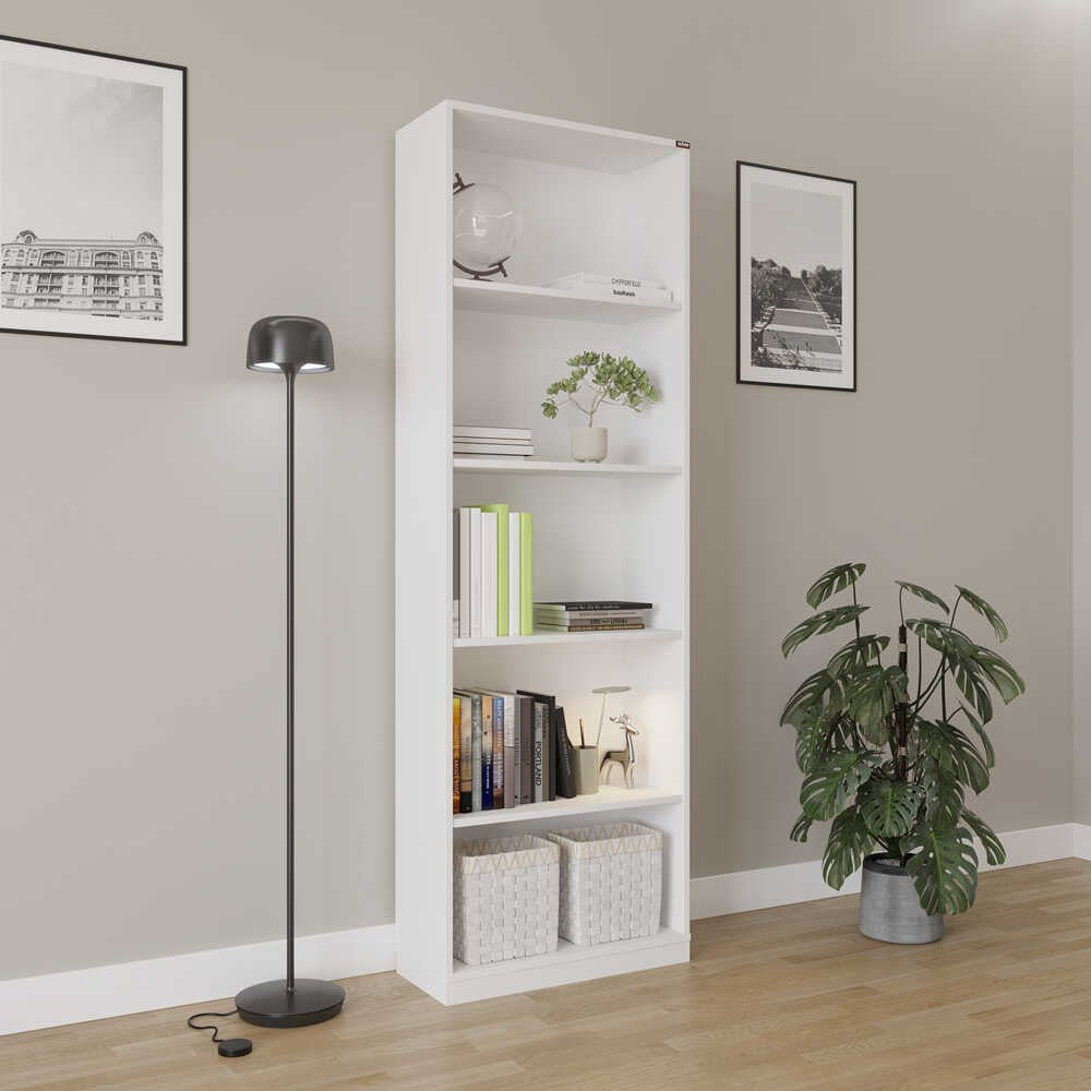 Estante “Lumi” — 64x26x182 cm — Design Moderno em Branco com Prateleiras Abertas e Fixação à Parede