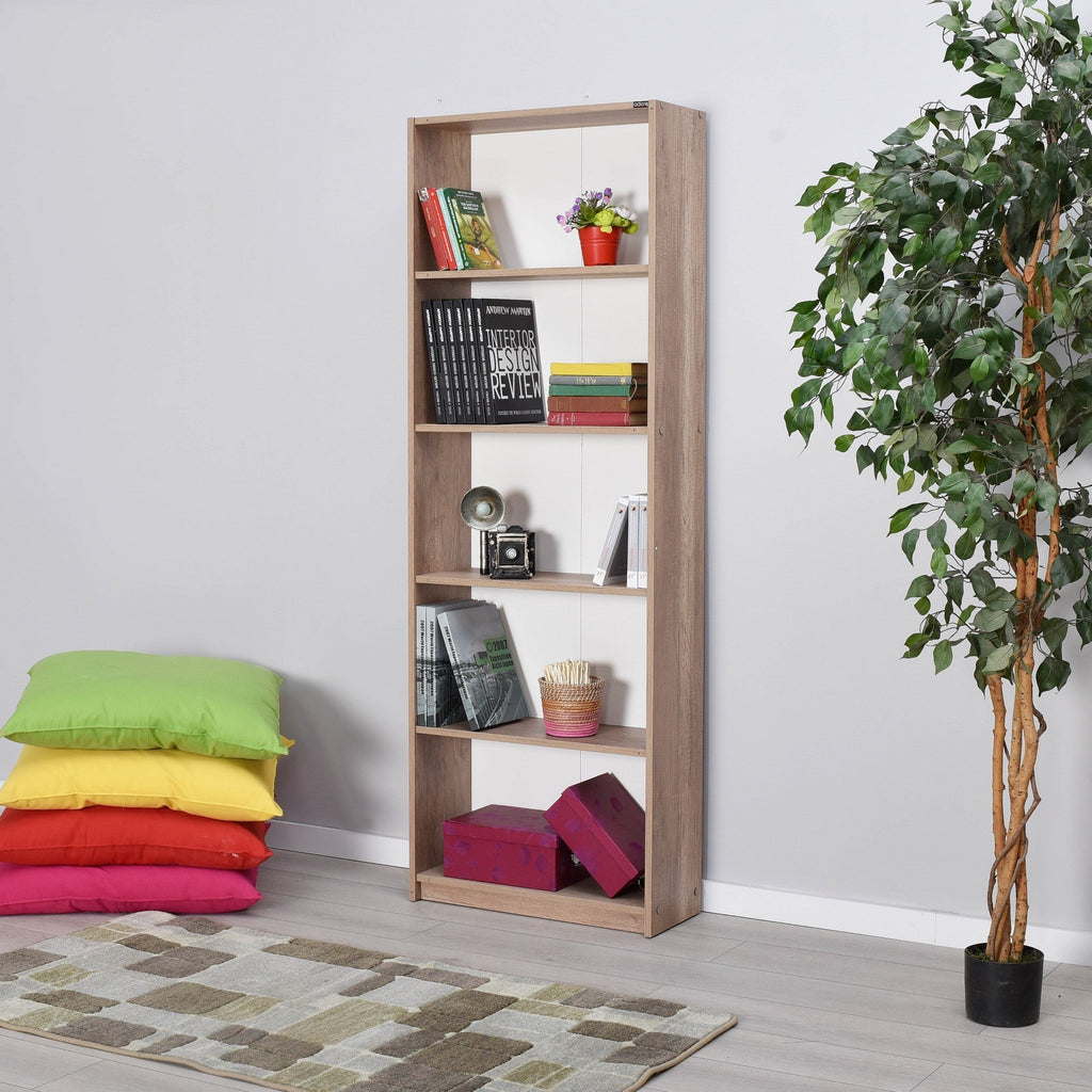 Estante “Verona” — 64x26x182 cm — Design Moderno em Nogueira Clara com Prateleiras Abertas e Fixação à Parede
