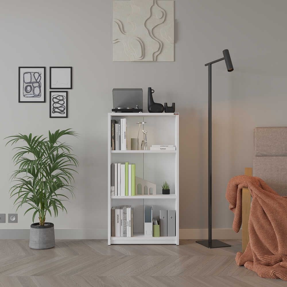 Estante “Milla” — 58x23x106 cm — Design Moderno em Branco com Prateleiras Abertas e Fixação à Parede