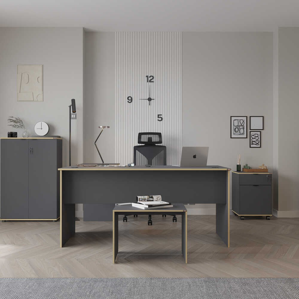 Secretária de Canto "Executive" - 160 x 75 x 144 cm - Antracite e Carvalho - Design Moderno