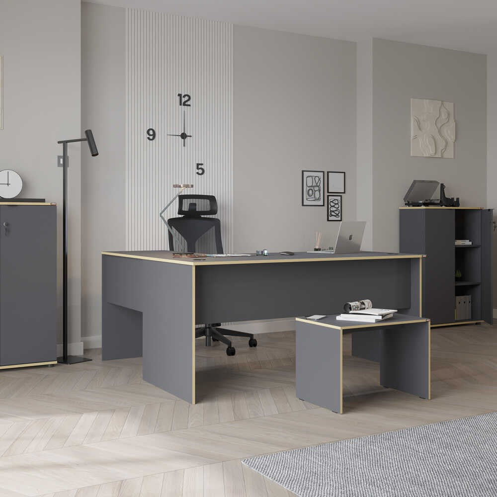 Secretária de Canto "Executive" - 160 x 75 x 144 cm - Antracite e Carvalho - Design Moderno