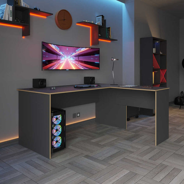 Secretária de Canto "Executive" - 160 x 75 x 144 cm - Antracite e Carvalho - Design Moderno