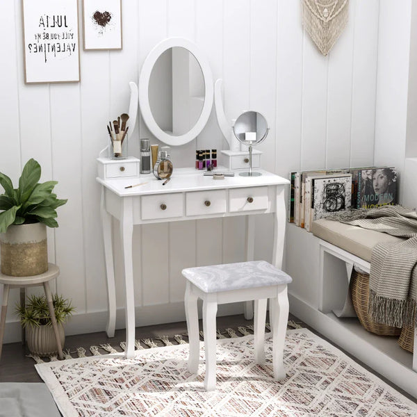 Toucador de Maquilhagem com Banco MDF e Madeira Maciça 80x40x140cm Branco