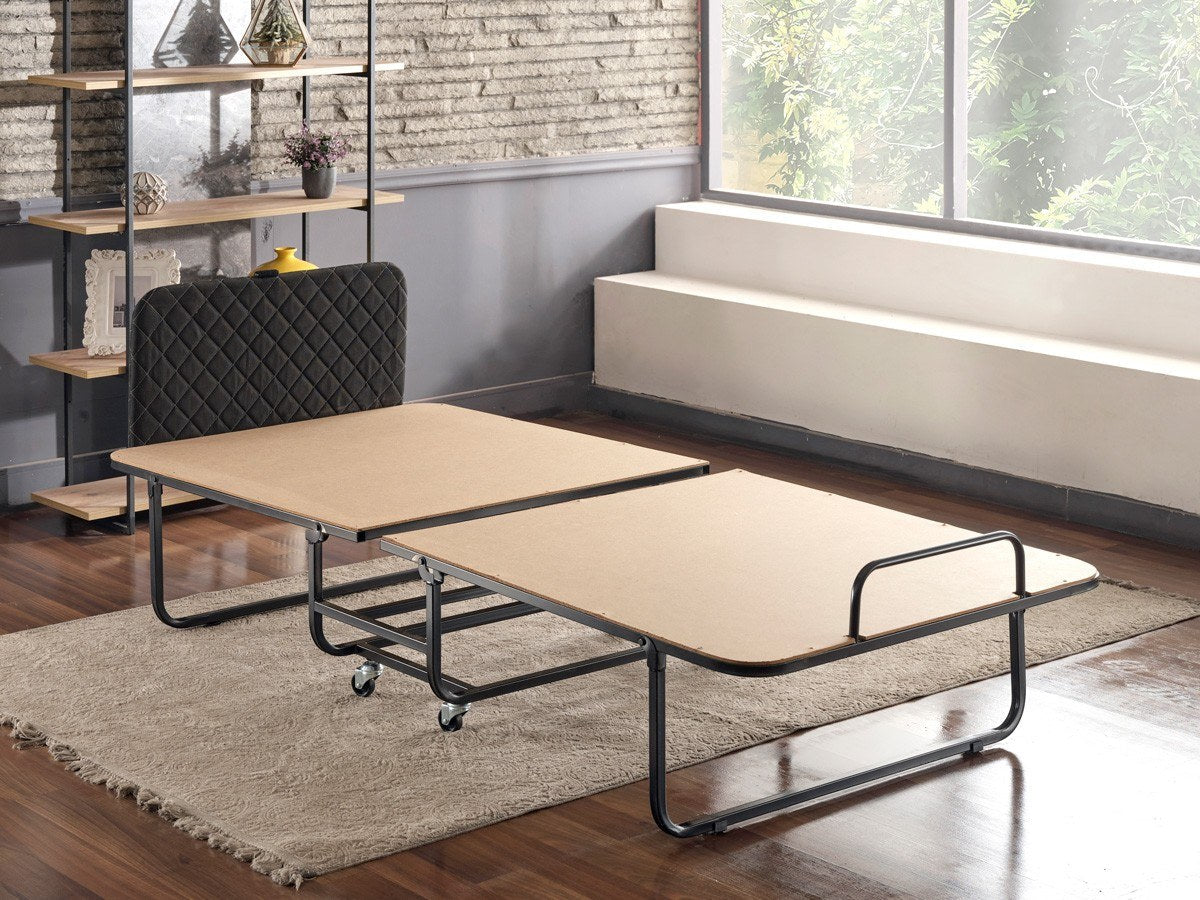 Cama Dobrável Ortopédica XL Katlanır — 90x200 cm — Estrutura Metálica Branco e Preto com Colchão de 15 cm e Cabeceira Removível