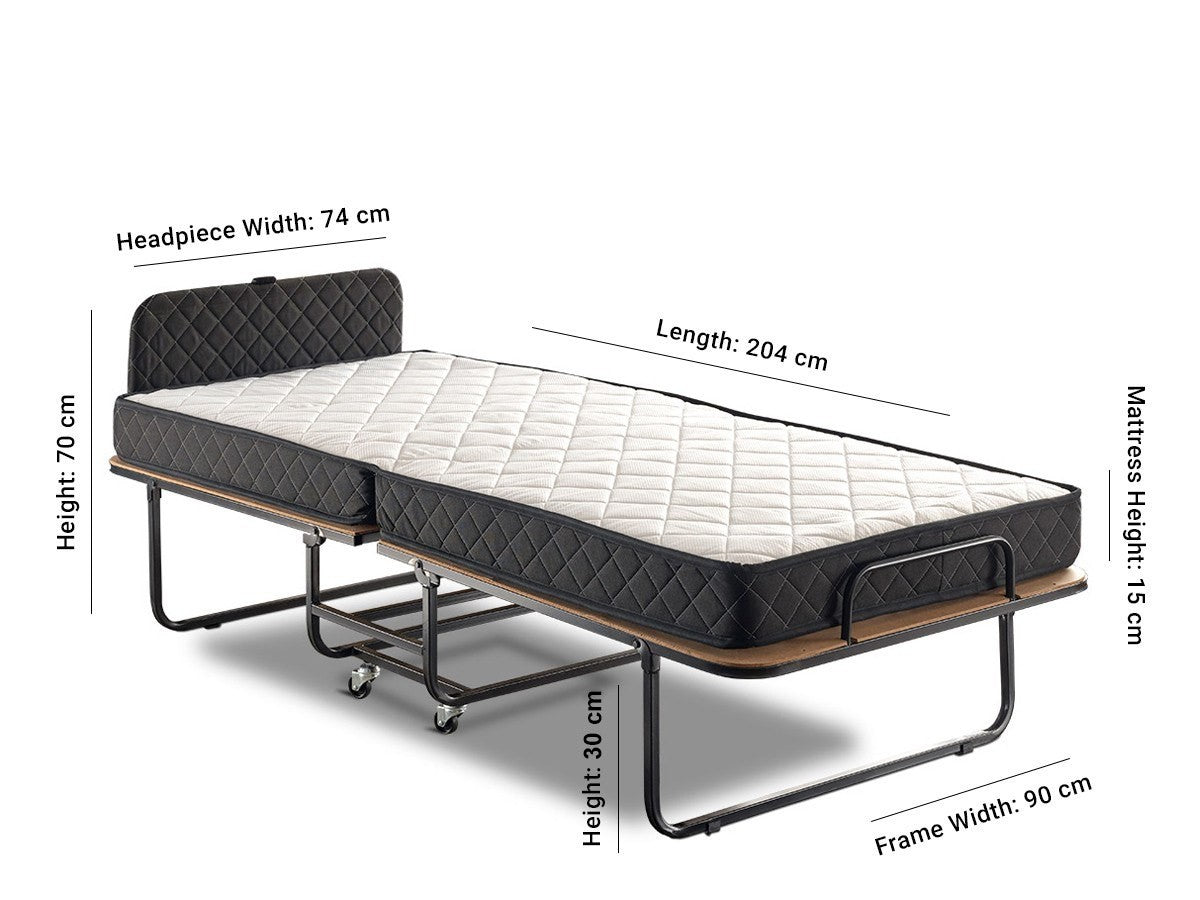 Cama Dobrável Ortopédica XL Katlanır — 90x200 cm — Estrutura Metálica Branco e Preto com Colchão de 15 cm e Cabeceira Removível