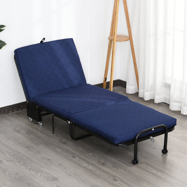 Cama Dobrável 184x65 cm Cama Dobrável Ajustável em 5 Níveis Rodas Universáis e Estrutura de Metal Carga Máxima 120 kg Azul
