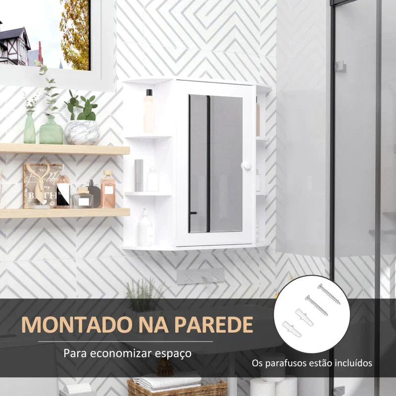 Armário de Casa de Banho com Espelho Móvel Suspenso de Casa de Banho com 1 Porta 2 Prateleiras Interiores e 6 Prateleiras Laterais para Sala de Estar Cozinha Dormitório 66x17x63cm Branco