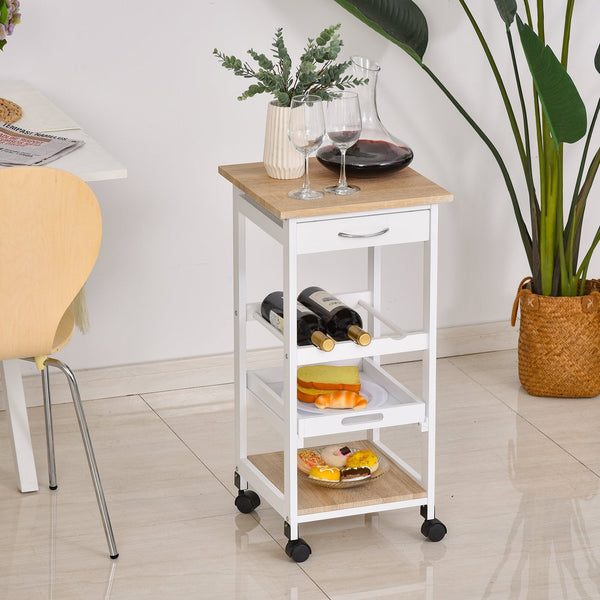Carrinho de cozinha Carrinho de serviço de 4 níveis com rodas giratórias Gaveta Prateleiras Garrafeira Armazenamento De Cozinha Sala de estar Sala de jantar 37x37x76 cm Branco