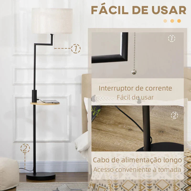 Candeeiro de Pé com Mesa Auxiliar Candeeiro com Prateleira Lâmpada E27 Máx. 40W com Ecrã de Linho Interruptor de Corrente e Carregador USB para Sala de Estar Ø40x168cm Preto e Madeira
