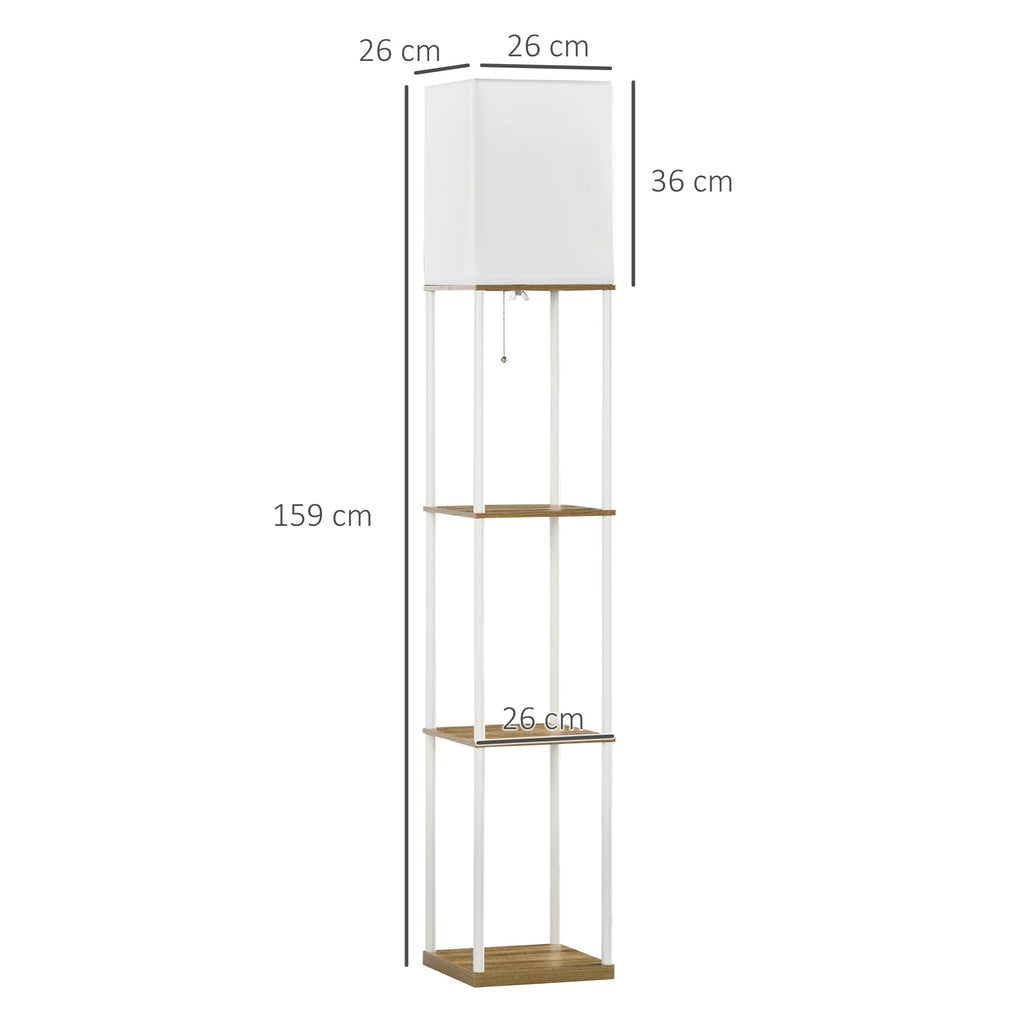 Candeeiro de Pé Moderno com Prateleiras Candeeiro de Pé para Sala de Estar Lâmpada E27 Máx. 40W com Ecrã de Tecido e Interruptor de Pé para Dormitório Escritório 26x26x159cm Branco e Madeira