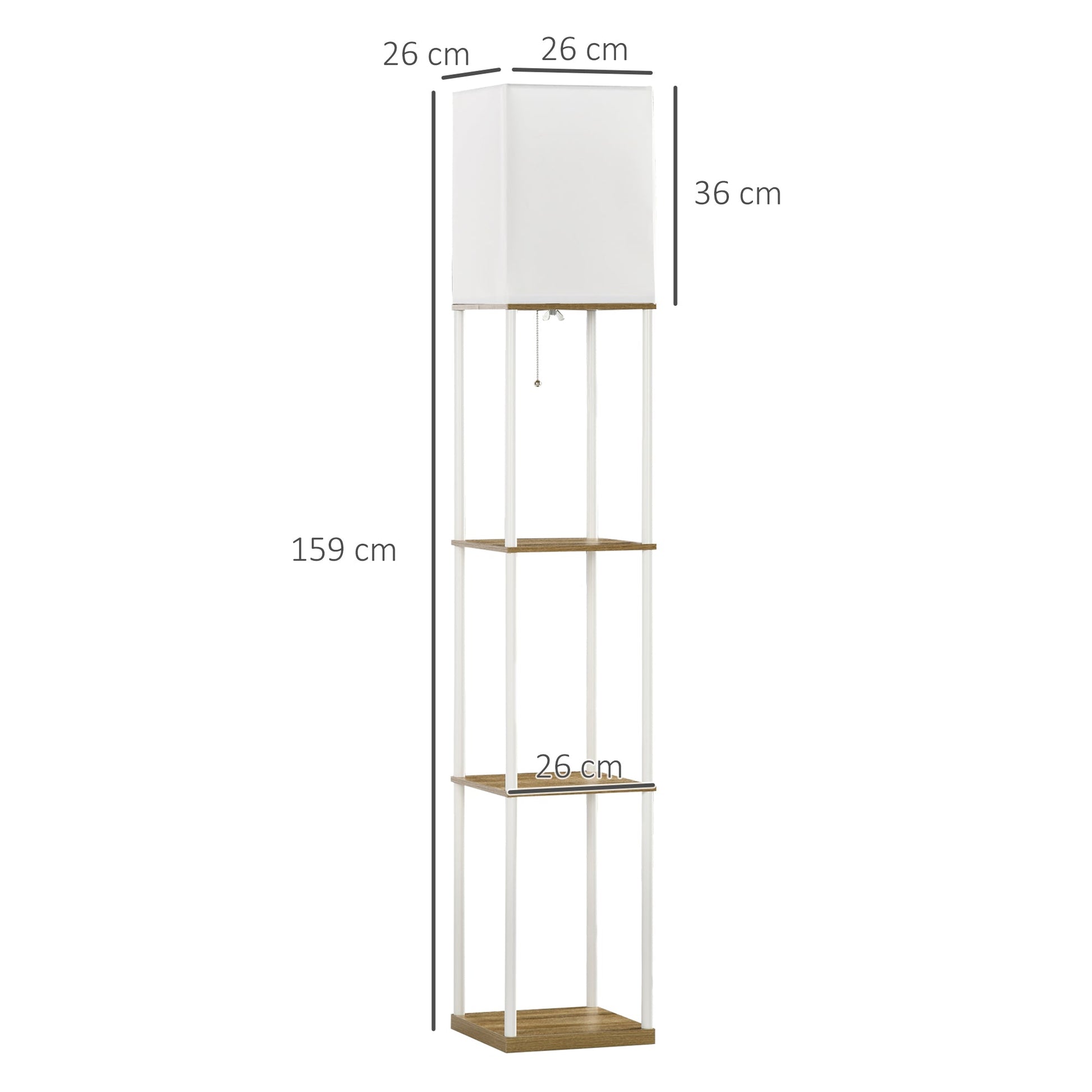 Candeeiro de Pé Moderno com Prateleiras Candeeiro de Pé para Sala de Estar Lâmpada E27 Máx. 40W com Ecrã de Tecido e Interruptor de Pé para Dormitório Escritório 26x26x159cm Branco e Madeira